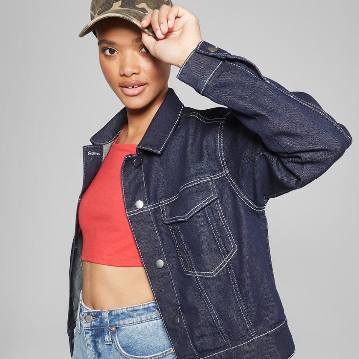 Women's Denim Jacket With Contrast Stitching - Wild Fable Dark Wash