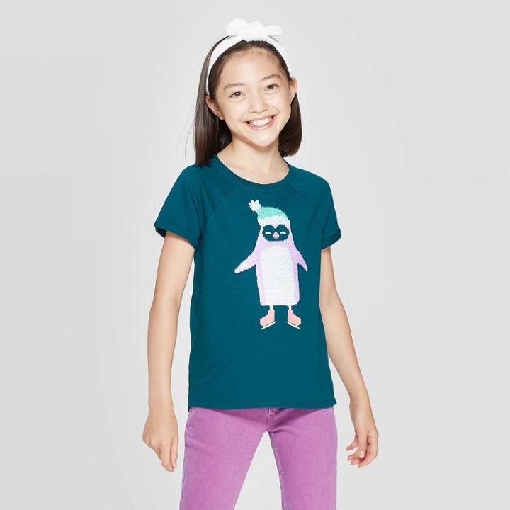 Petitegirls' Short Sleeve Flip Sequin Penguin T-shirt - Cat & Jack Blue S, Girl's,