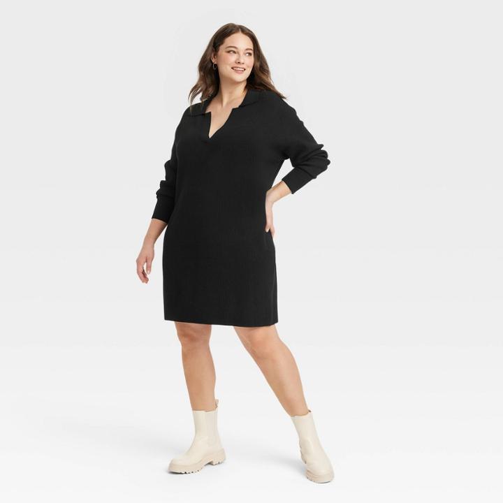 Women's Plus Size Long Sleeve Polo Sweater Dress - A New Day Black