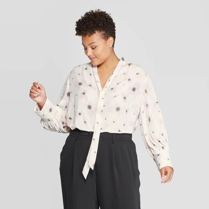 Women's Plus Size Floral Print Long Sleeve Mock Turtleneck Blouse - Ava & Viv Cream X, Women's, White Blue Red