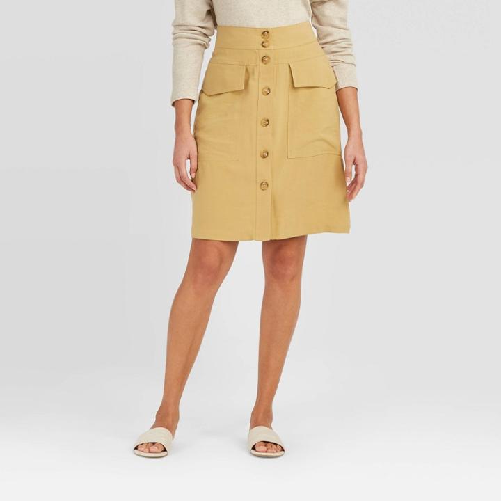 Women's High-rise Button-front Linen Skirt - A New Day Tan