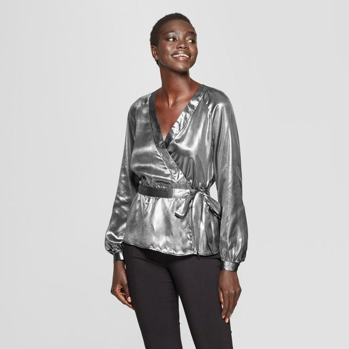 Women's Long Sleeve Metallic Wrap Blouse - Who What Wear