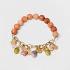 Semi-precious Peach Moonstone, Lemon Green Agate, Pink Aventurine And Lepidolite Charms And Chain Stretch Bracelet - Universal Thread Green