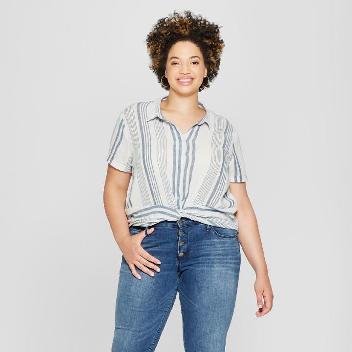 Women's Plus Size Striped Cross Front Short Sleeve Top - Universal Thread Blue