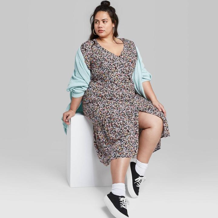 Women's Plus Size Floral Print Short Sleeve V-neck Button-down Midi Dress - Wild Fable Black 1x, Women's,