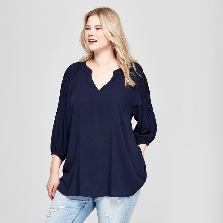 Women's Plus Size Pleated 3/4 Sleeve Blouse - Ava & Viv Navy (blue)