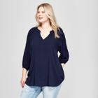Women's Plus Size Pleated 3/4 Sleeve Blouse - Ava & Viv Navy (blue)