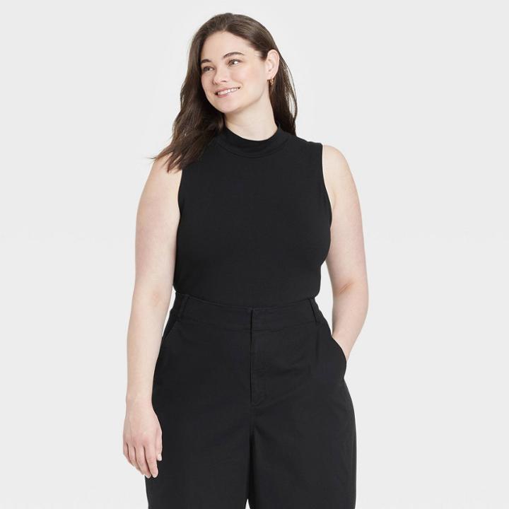 Women's Plus Size Ribbed Mock Turtleneck Tank Bodysuit - A New Day Black