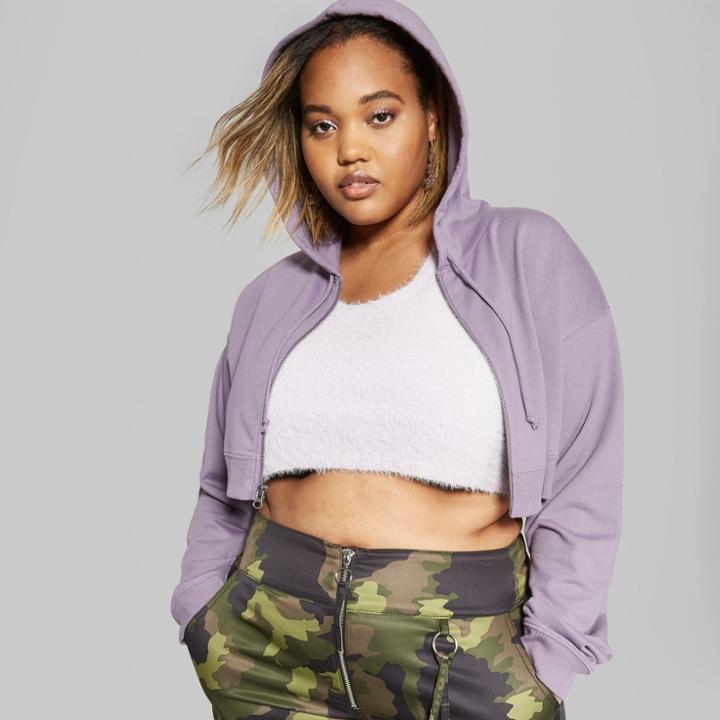 Women's Plus Size Micro Cropped Zip-up Hoodie - Wild Fable Purple