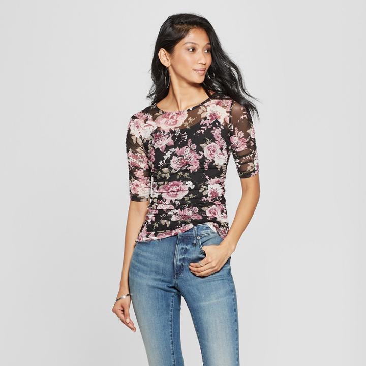 Women's Floral Print Elbow Sleeve Mesh Ruched Top With Cami - Almost Famous (juniors') Black