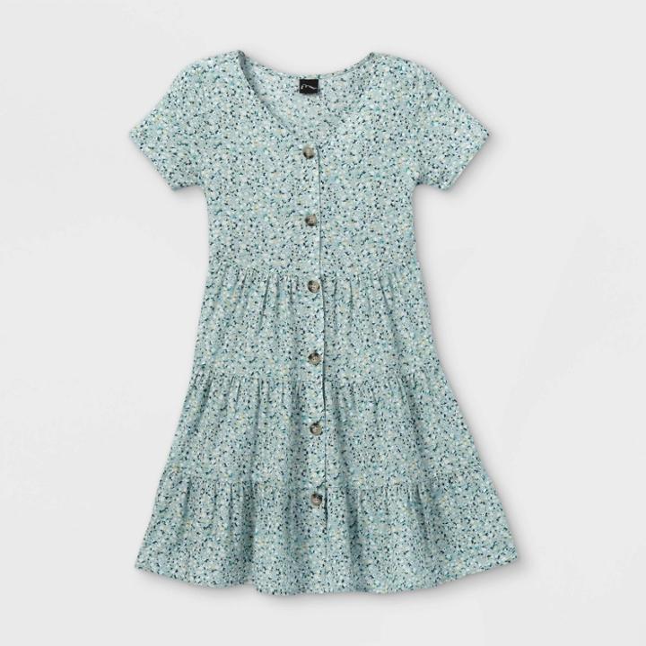 Girls' Tiered Button-front Short Sleeve Dress - Art Class Blue