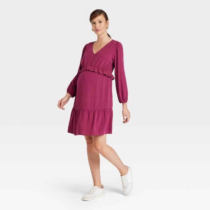 Long Sleeve Ruffle Waist Woven Maternity Dress - Isabel Maternity By Ingrid & Isabel Cherry Pink