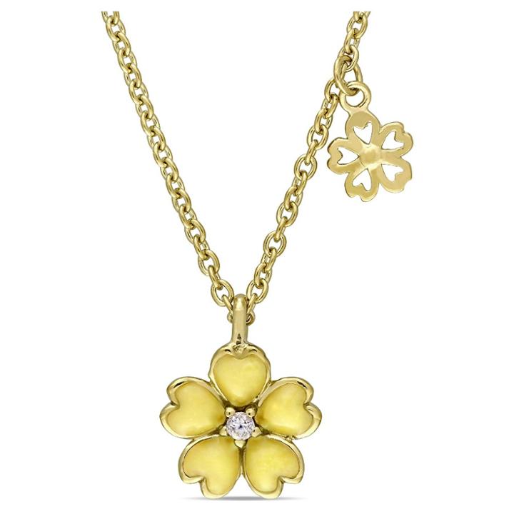 Distributed By Target Children's Yellow Enamel Flower Charm Necklace With White Topaz In Yellow Plated Sterling Silver -