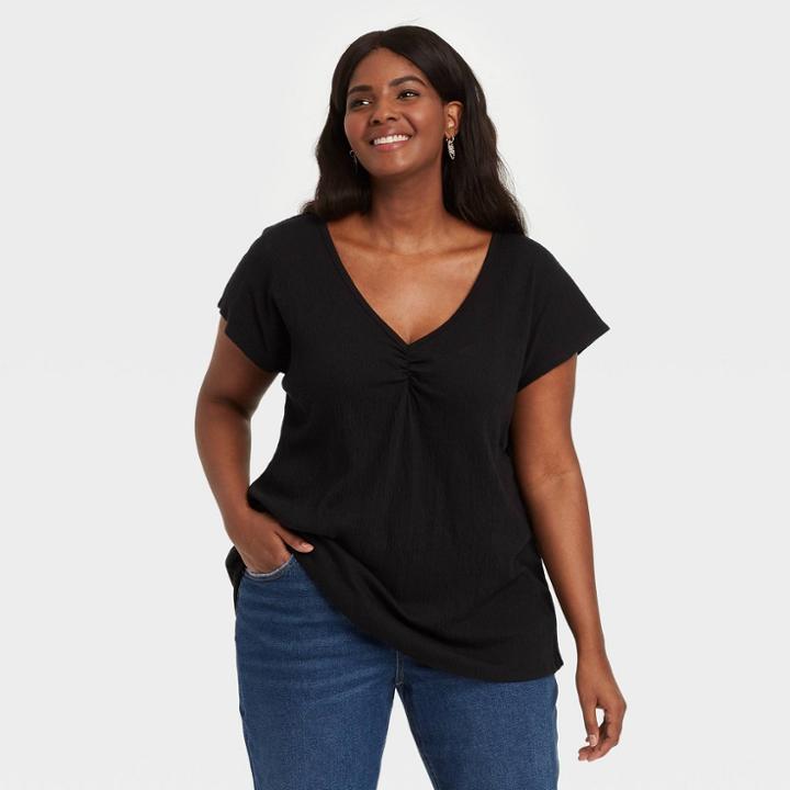 Women's Plus Size Short Sleeve V-neck T-shirt - Ava & Viv Black X