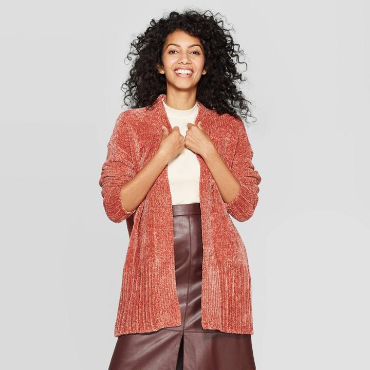 Women's Long Sleeve Rib-knit Cuff Chenille Open Cardigan - A New Day Red