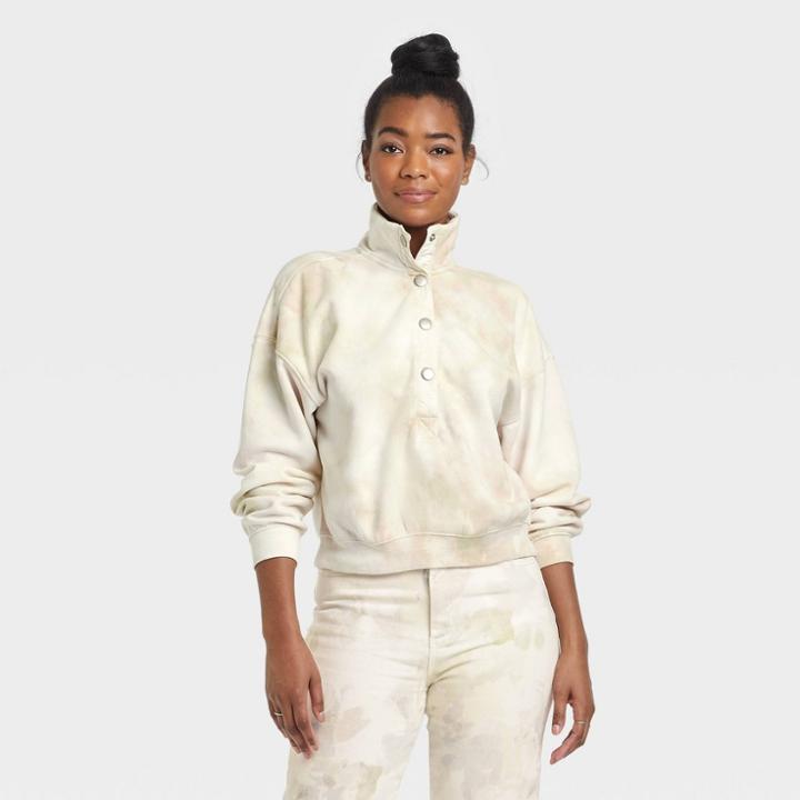 Women's Henley Neck Fleece Sweatshirt - Universal Thread Off-white