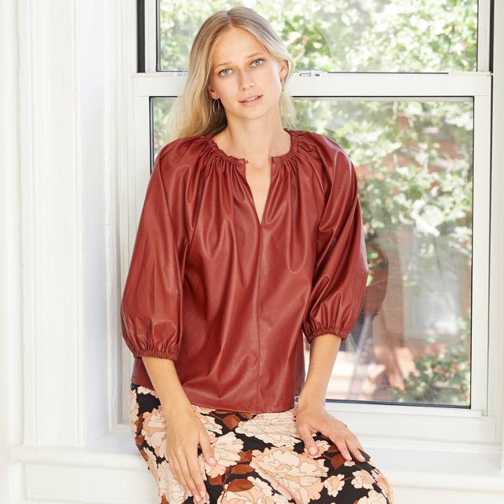 Women's Faux Leather Balloon 3/4 Sleeve Blouse - Who What Wear Red