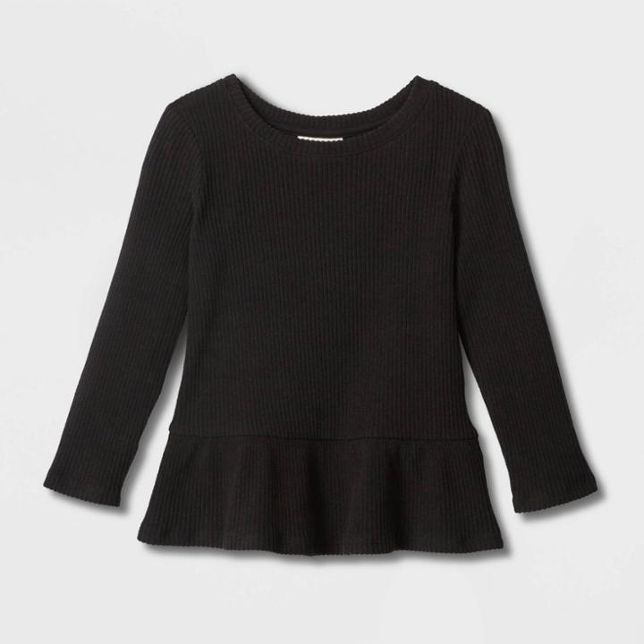 Toddler Girls' Solid Cozy Ribbed Long Sleeve Top - Cat & Jack Black