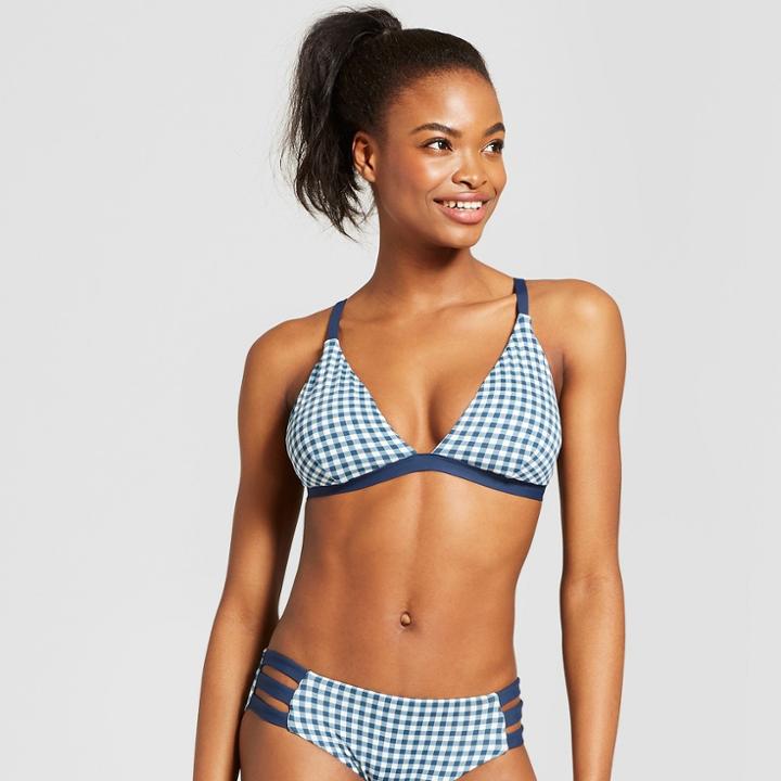 Sunn Lab Swim Women's Gingham Triangle Bikini Top - Navy Smoke/pearl Gingham D/dd Cup, Blue