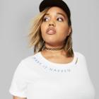 Women's Plus Size Short Sleeve Embroidered Collar Distressed T-shirt - Wild Fable White