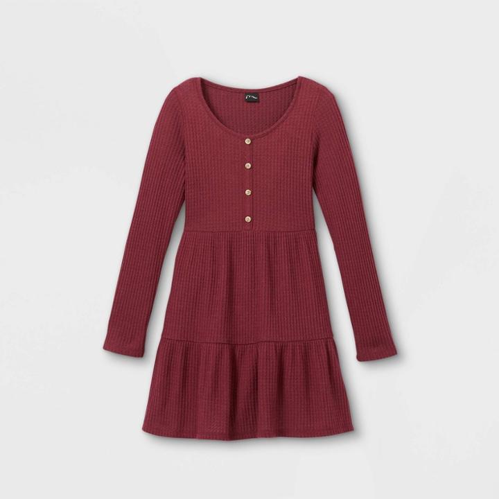 Girls' Waffle Tiered Long Sleeve Dress - Art Class