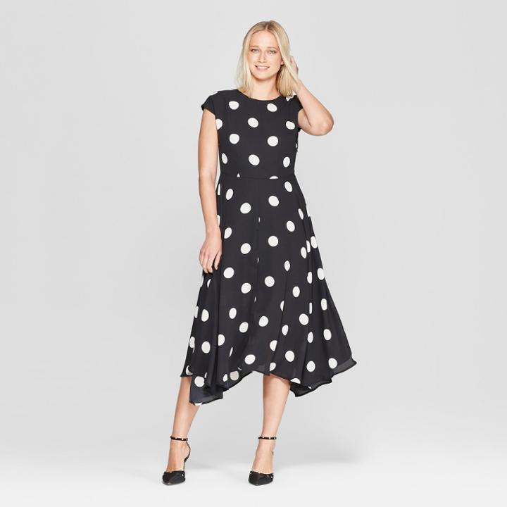 Women's Polka Dot Cap Sleeve Asymmetric Hem Midi Dress - Who What Wear Black/white