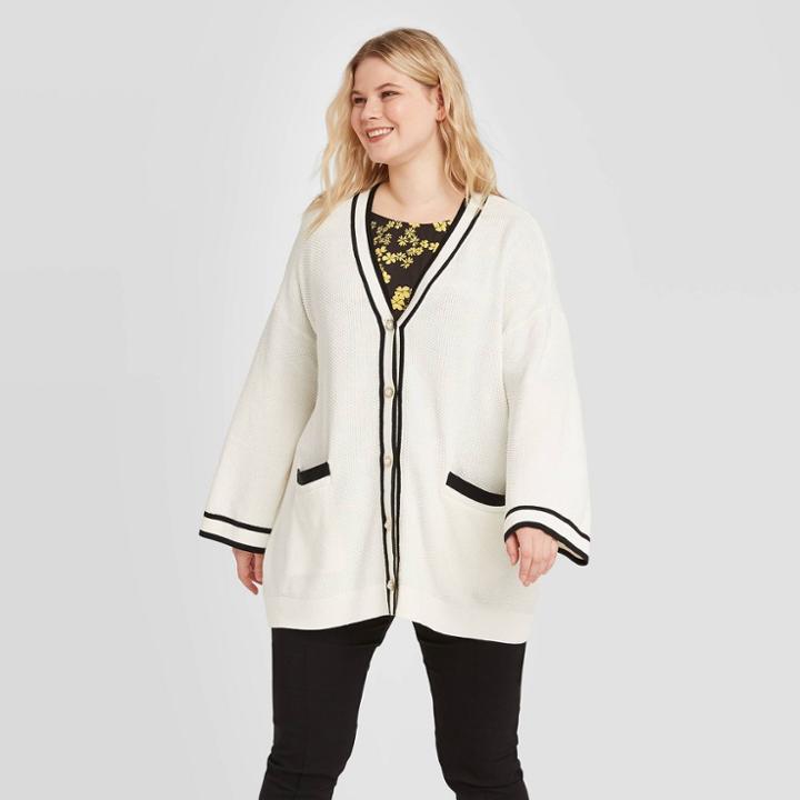 Women's Plus Size Striped Long Sleeve Open Cardigan - Who What Wear White 1x, Women's,