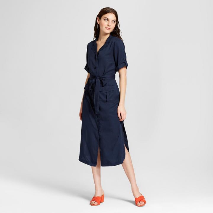 Women's Turn Back Cuff Elbow Sleeve Collared Tie Waist Midi Dress - Alison Andrews Blue