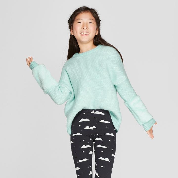 Girls' Faux Fur Cuff Pullover Sweater - Cat & Jack Aqua