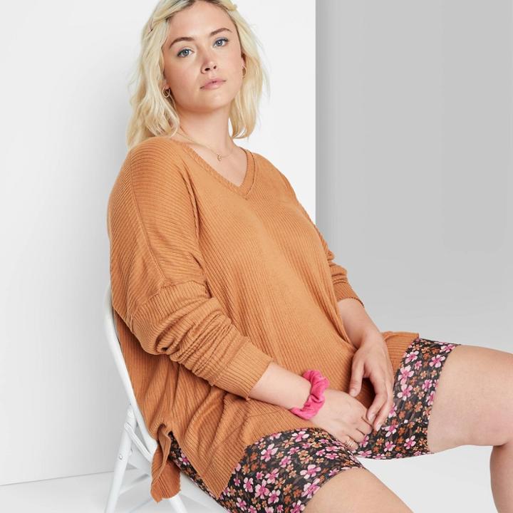 Women's Plus Size Long Sleeve V-neck Cozy Rib T-shirt - Wild Fable Camel