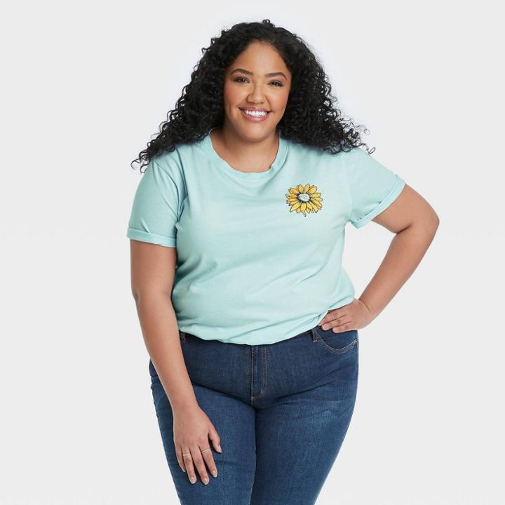 Zoe+liv Women's Plus Size Peace Sign Short Sleeve Graphic Boyfriend T-shirt - Light Blue Floral