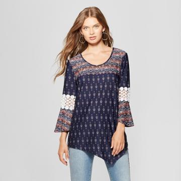 Women's 3/4 Sleeve Crochet Trim Blouse - Notations - Navy