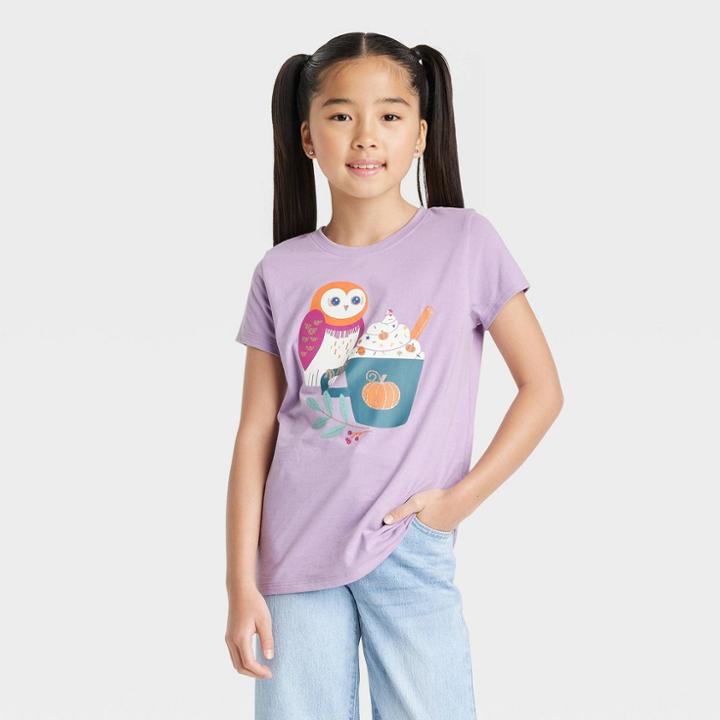 Girls' 'owl' Short Sleeve Graphic T-shirt - Cat & Jack Dusty Violet Xs, Dusty Purple