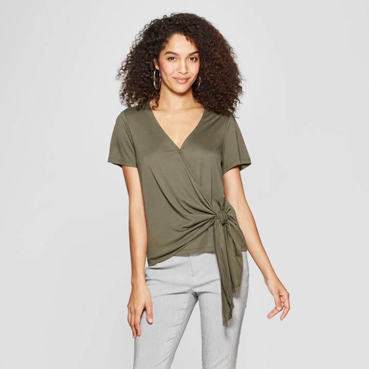 Women's Short Sleeve V-neck Knit Wrap Top - A New Day Olive (green)
