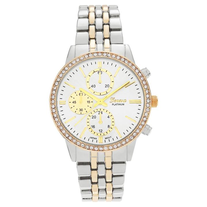 Women's Geneva Platinum Rhinestone Accent Bezel Panther Link Watch - Two Tone, White