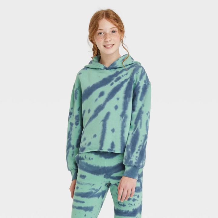 Kids' Fleece Raw Edge Boxy Cropped Hoodie - Art Class Blue/green