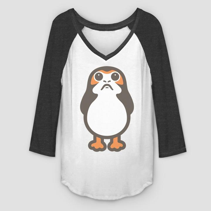Fifth Sun Women's 3/4 Sleeve Star Wars Big Porg Raglan T-shirt - (juniors') White/black