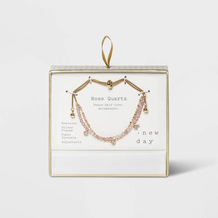Silver Plated Beaded Rose Quartz And Chain Two Strand Bracelet - A New Day Pink