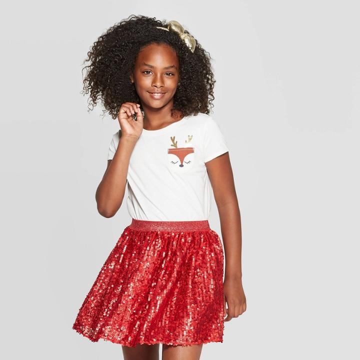 Petitegirls' Short Sleeve Reindeer Pocket T-shirt - Cat & Jack Cream Xs, Girl's, White