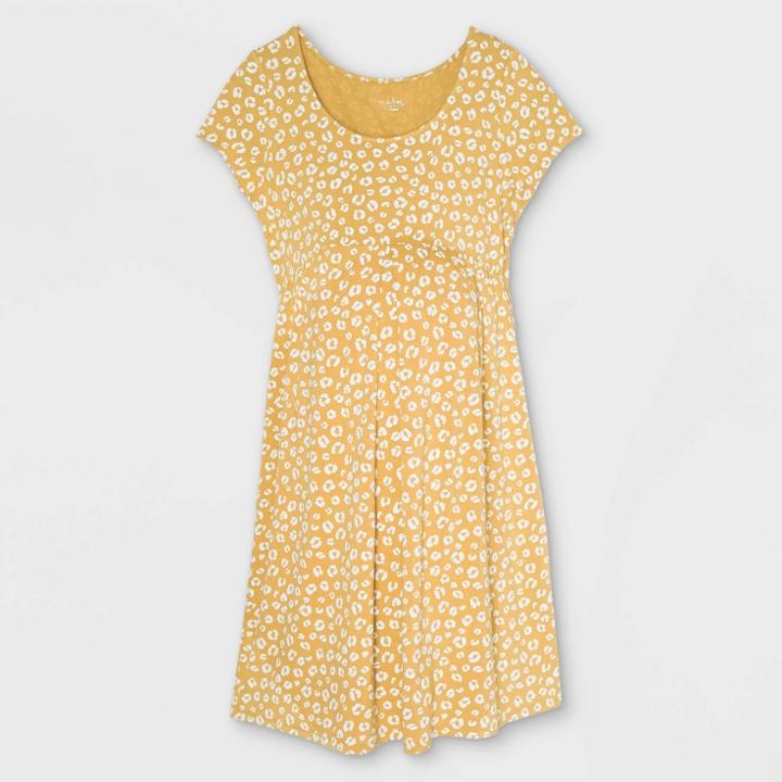 Short Sleeve Pleated Front A-line Maternity Dress - Isabel Maternity By Ingrid & Isabel Yellow Leopard Print