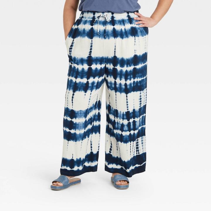 Women's Plus Size Tie-dye Wide Leg Pull-on Pants - Knox Rose Blue