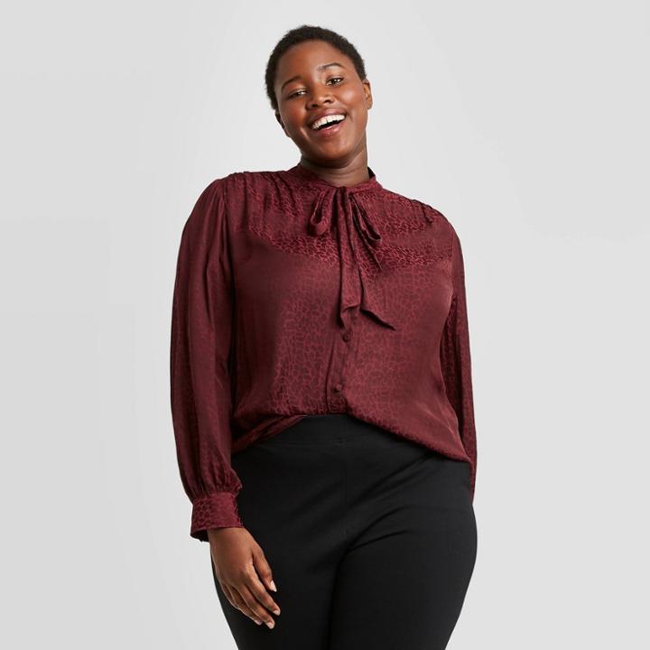 Women's Plus Size Long Sleeve Bow Blouse - Ava & Viv Red X