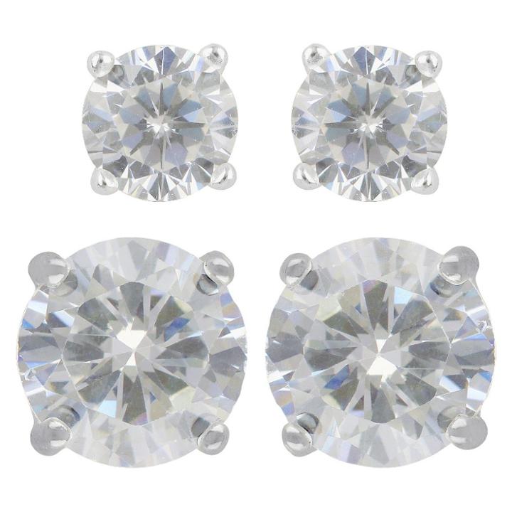 Distributed By Target Women's Sterling Silver Stud Earrings Set Of 2 Round 5mm/8mm Cubic Zirconia -