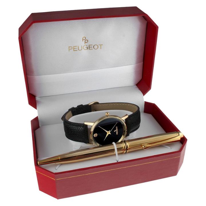 Peugeot Watches Men's Peugeot Black Leather Watch And Pen Gift Set - Black/gold