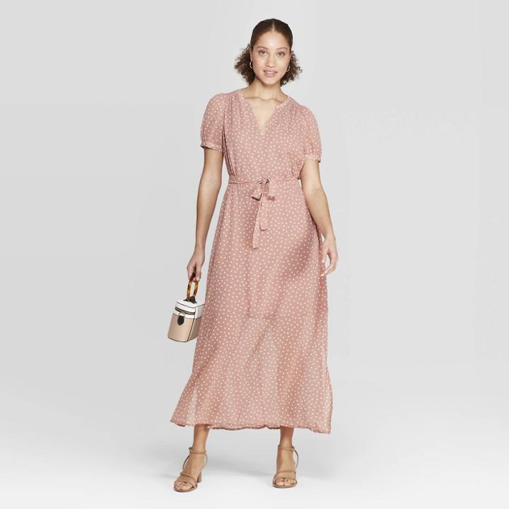 Women's Polka Dot Casual Fit Cap Sleeve Deep V-neck Chiffon Maxi Dress - A New Day Dark Pink