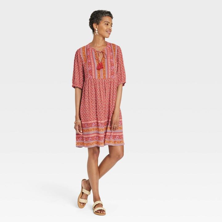 Women's Flutter Elbow Sleeve A-line Dress With Tassels - Knox Rose Clay Pink