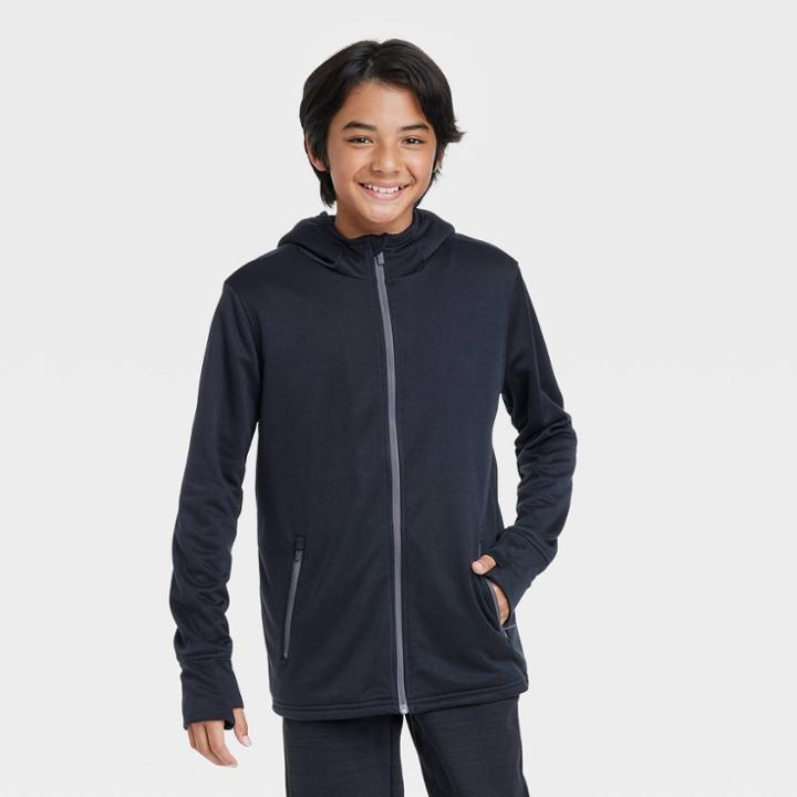 Boys' High Pile Fleece-lined Full Zip Hooded Sweatshirt - All In Motion Black