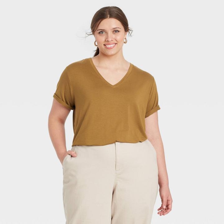 Women's Plus Size Short Sleeve V-neck T-shirt - A New Day Olive