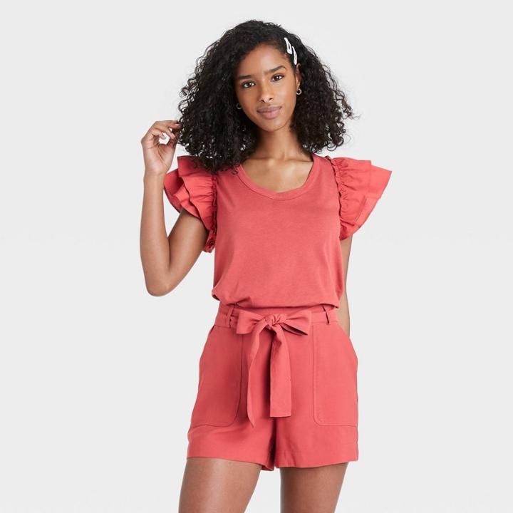 Women's Ruffle Short Sleeve Scoop Neck Mixed Media T-shirt - A New Day Dark Pink