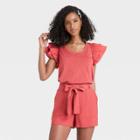 Women's Ruffle Short Sleeve Scoop Neck Mixed Media T-shirt - A New Day Dark Pink